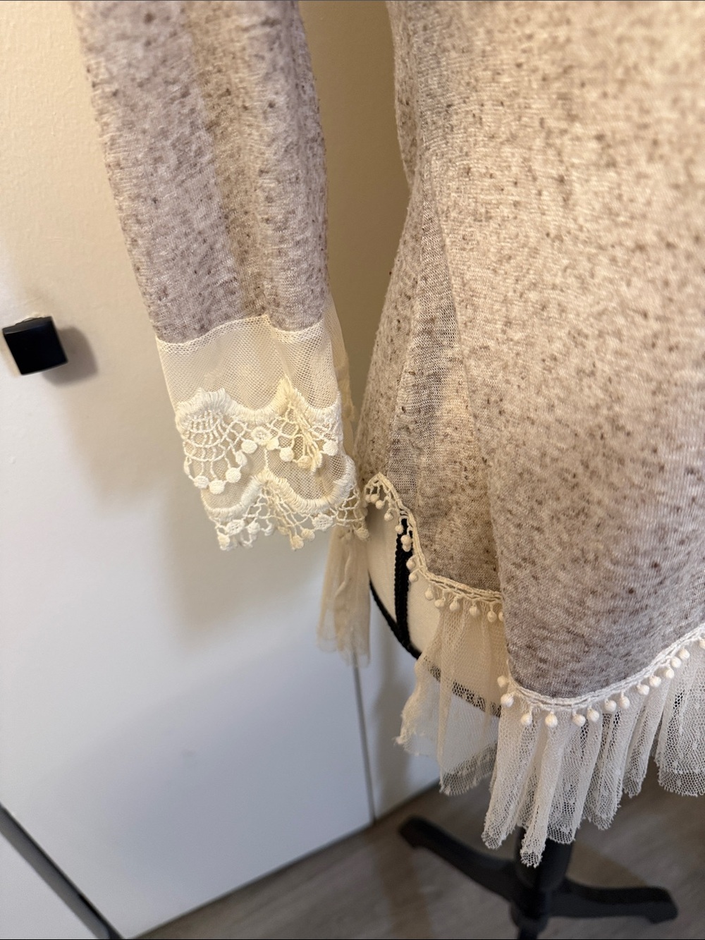 Light tan brown Lace-Trim Button Cardigan Sweater - Picture 4 of 10